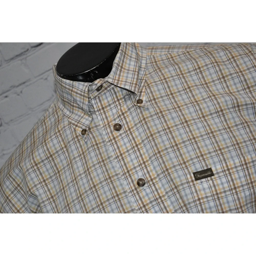 Faconnable Button Down Mens XL Beige Plaid Long Sleeve Cotton USA Made
